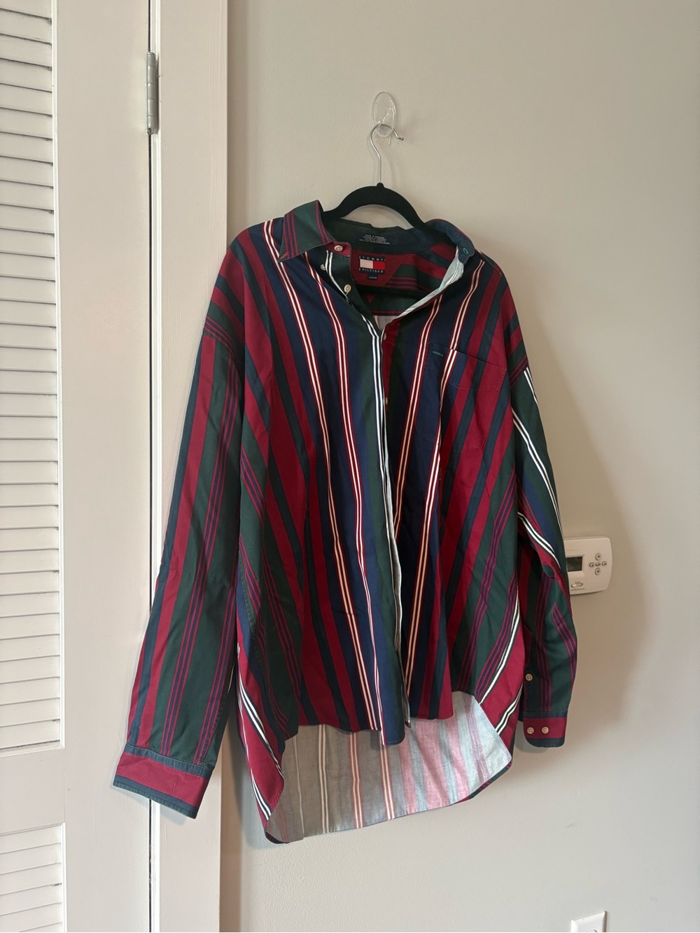 VINTAGE Tommy Hilfiger Men’s Red & Green Striped Button-Up Shirt